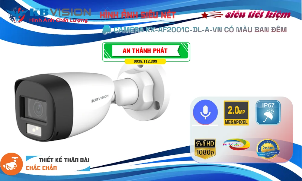 Camera KBvision HD Công nghệ nỗi bật Giám sát ban đêm thông minh với trang bị ánh led hoặc hồng ngoại KX-AF2001C-DL-A-VN Camera KBVISION ghi âm và ánh sáng kép KX-AF2001C-DL-A-VN